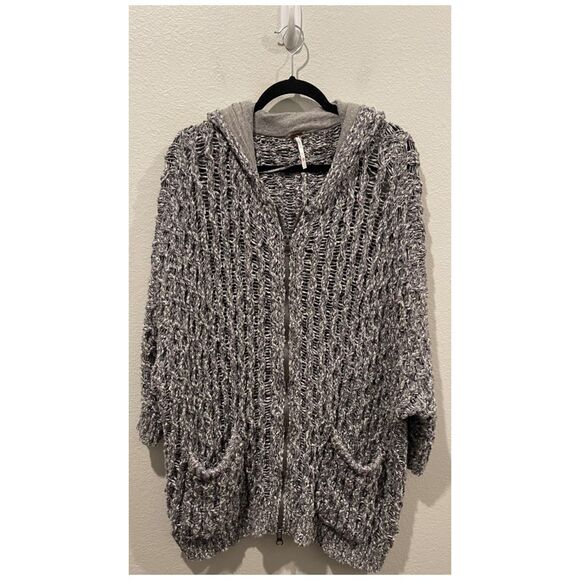 FREE PEOPLE Heather Chunky Knit Hooded Zip Oversized Cardigan Gray - Picture 1 of 4